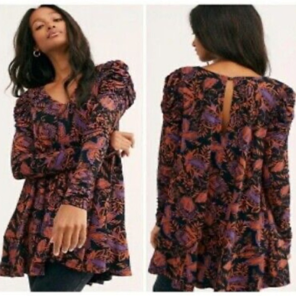 Free People Hello Lover Tunic Mini Dress Top Noir Combo XL Puff Long Sleeve